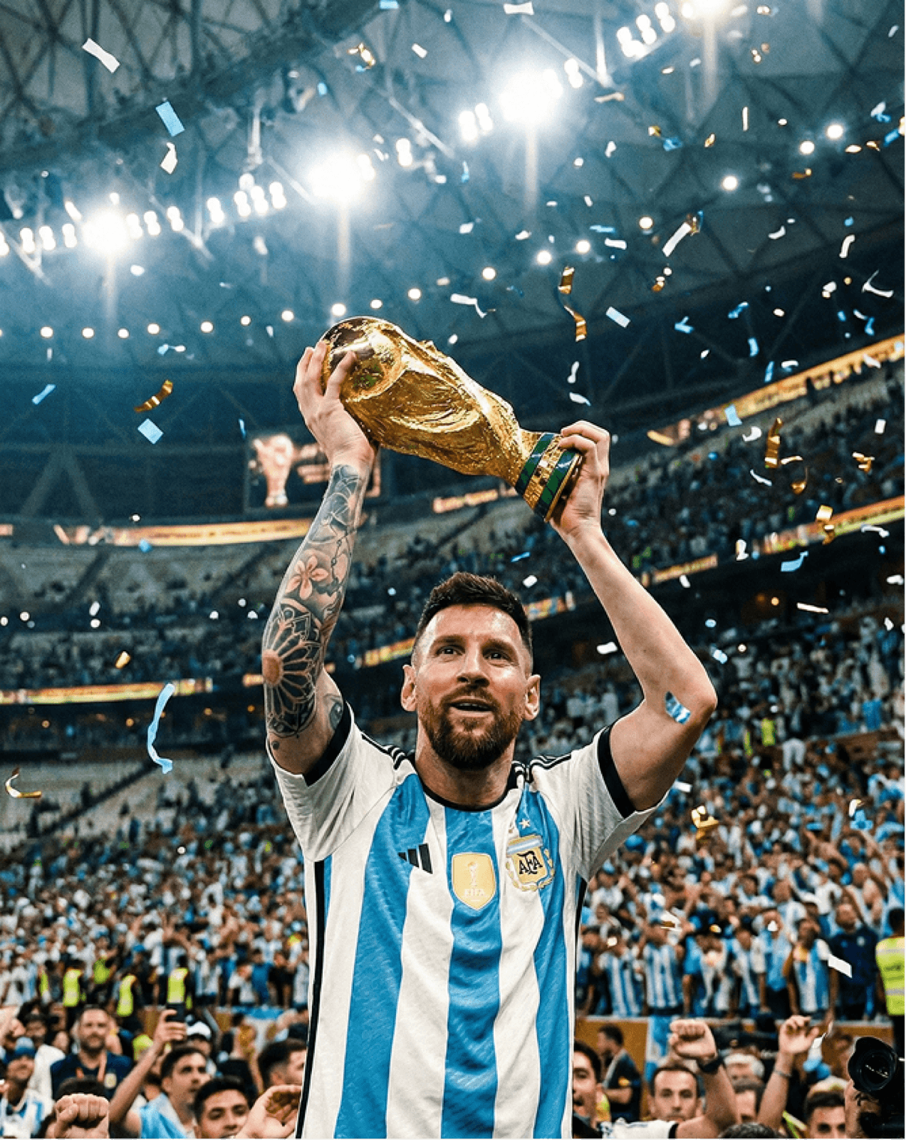 Stadium scene of a footballer in an Argentina-style striped jersey lifting the World Cup trophy.
