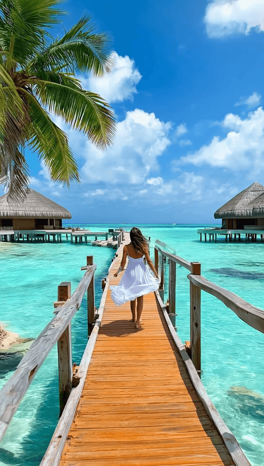 Maldives pier scene, sharp on the left and visibly degrading on the right.