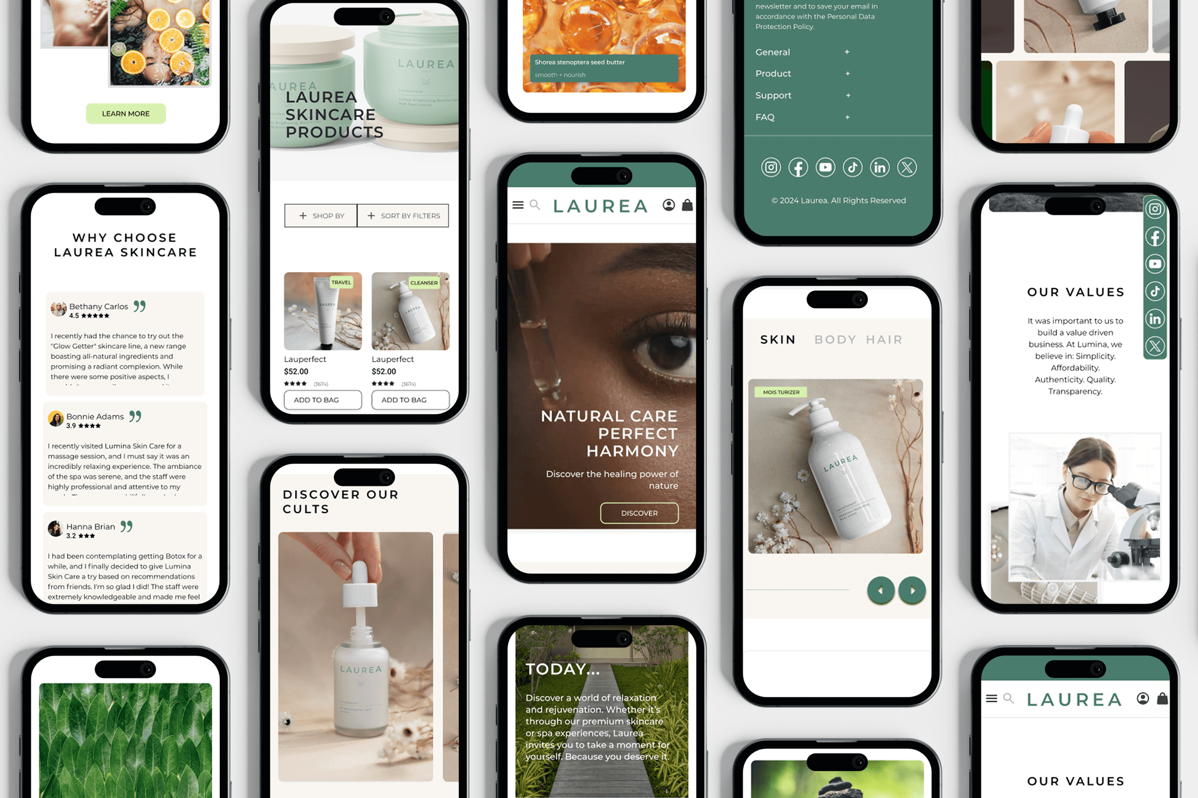 Brand composite: mobile screens montage showcasing palette and voice