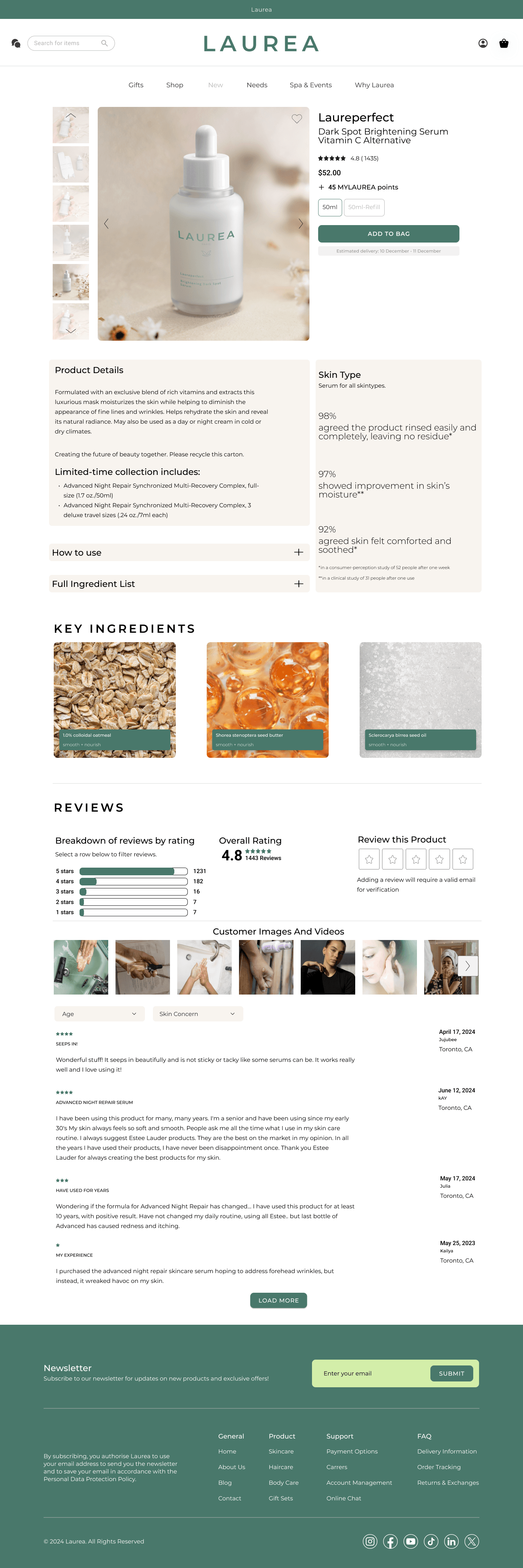 Web product detail page showing key ingredients, skin type efficacy stats, and customer reviews