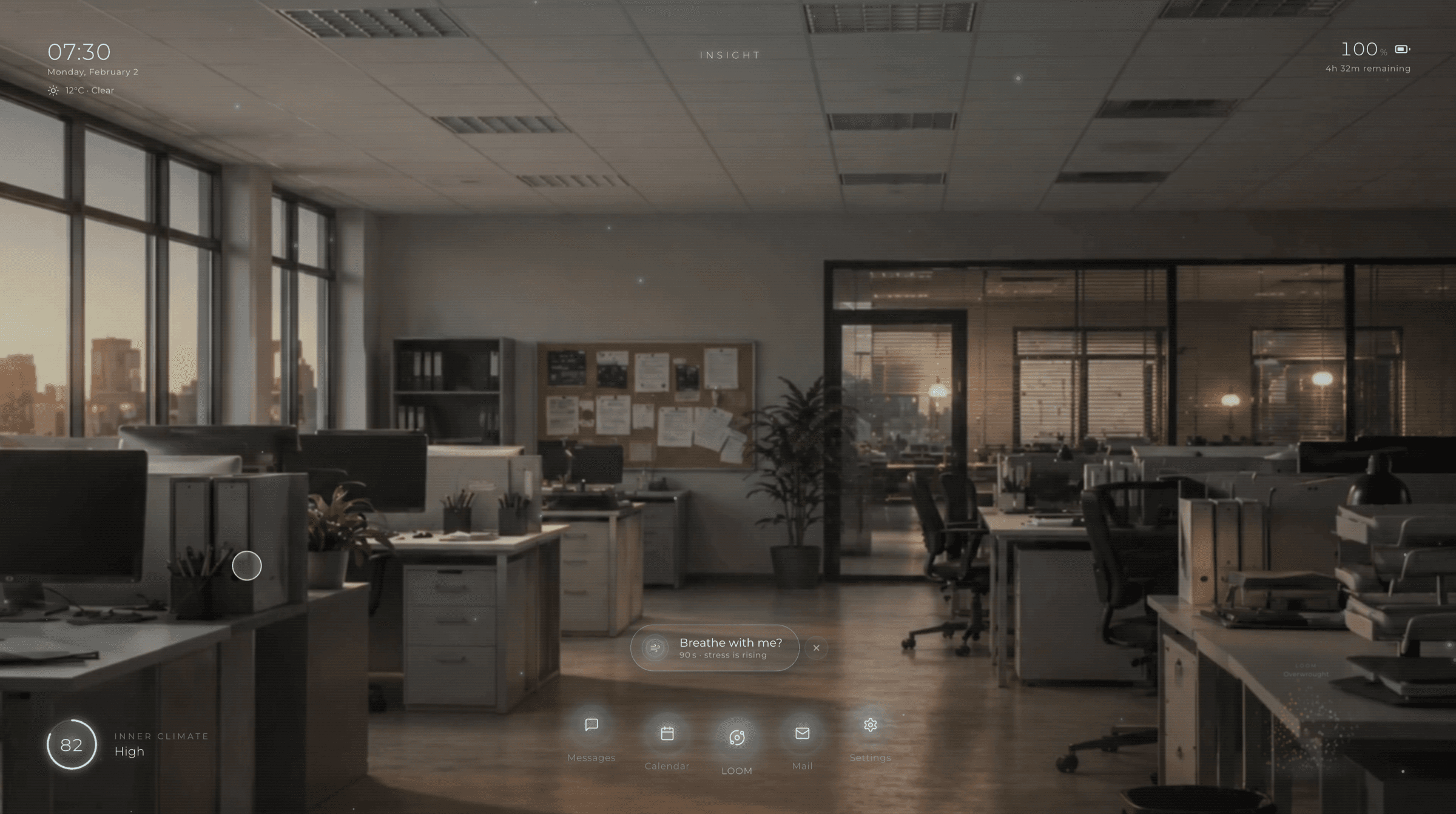 A single small prompt low in the office view reading 'Breathe with me?' No alert sound, no haptic.