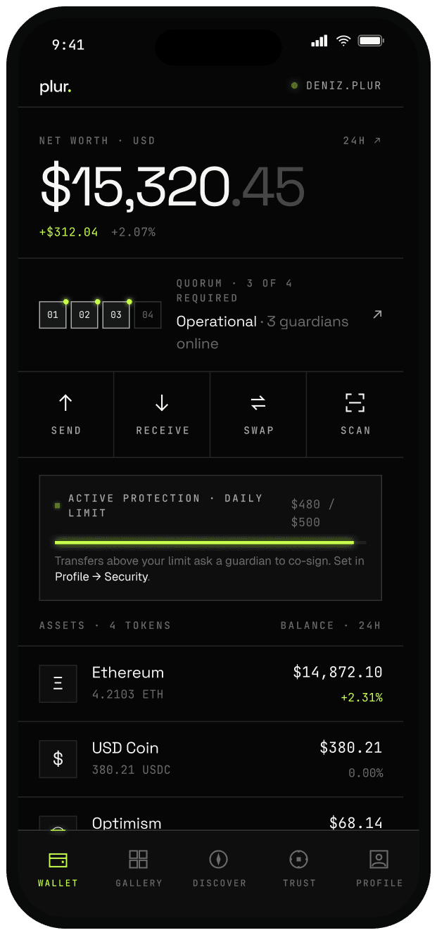 Plur Wallet home screen with net worth, quorum row, and asset list