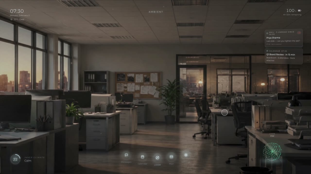 A quiet office at 07:30, status Ambient. The Loom form glows small in the corner, breathing slowly; nothing in the centre.