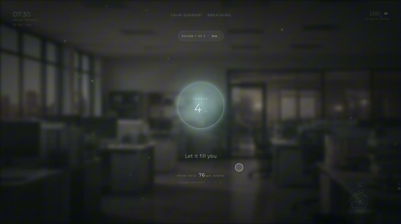 A single large breathing ring centred over a softly blurred office, expanding and contracting on a slow count.