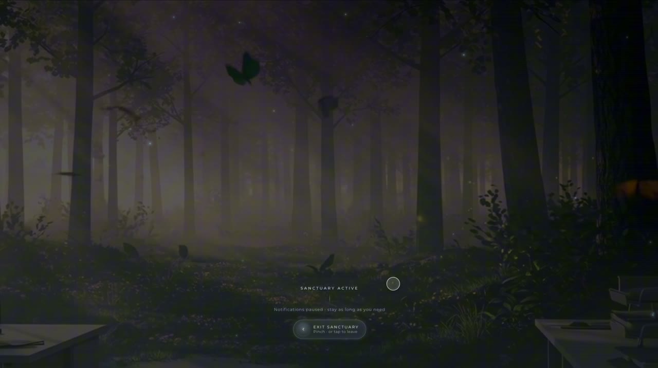 The office dissolves over two seconds and a misty forest takes its place, fireflies drifting through the trees. Notifications are paused.