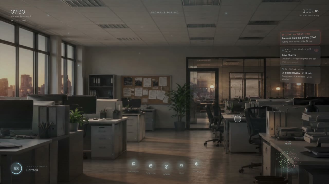 The office unchanged as signals climb; Loom surfaces one quiet heads-up at the top edge, the form still small in the corner, the centre clear.